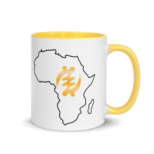 Ceramic mug featuring Akan Gye Nyame symbol with colourful interior"